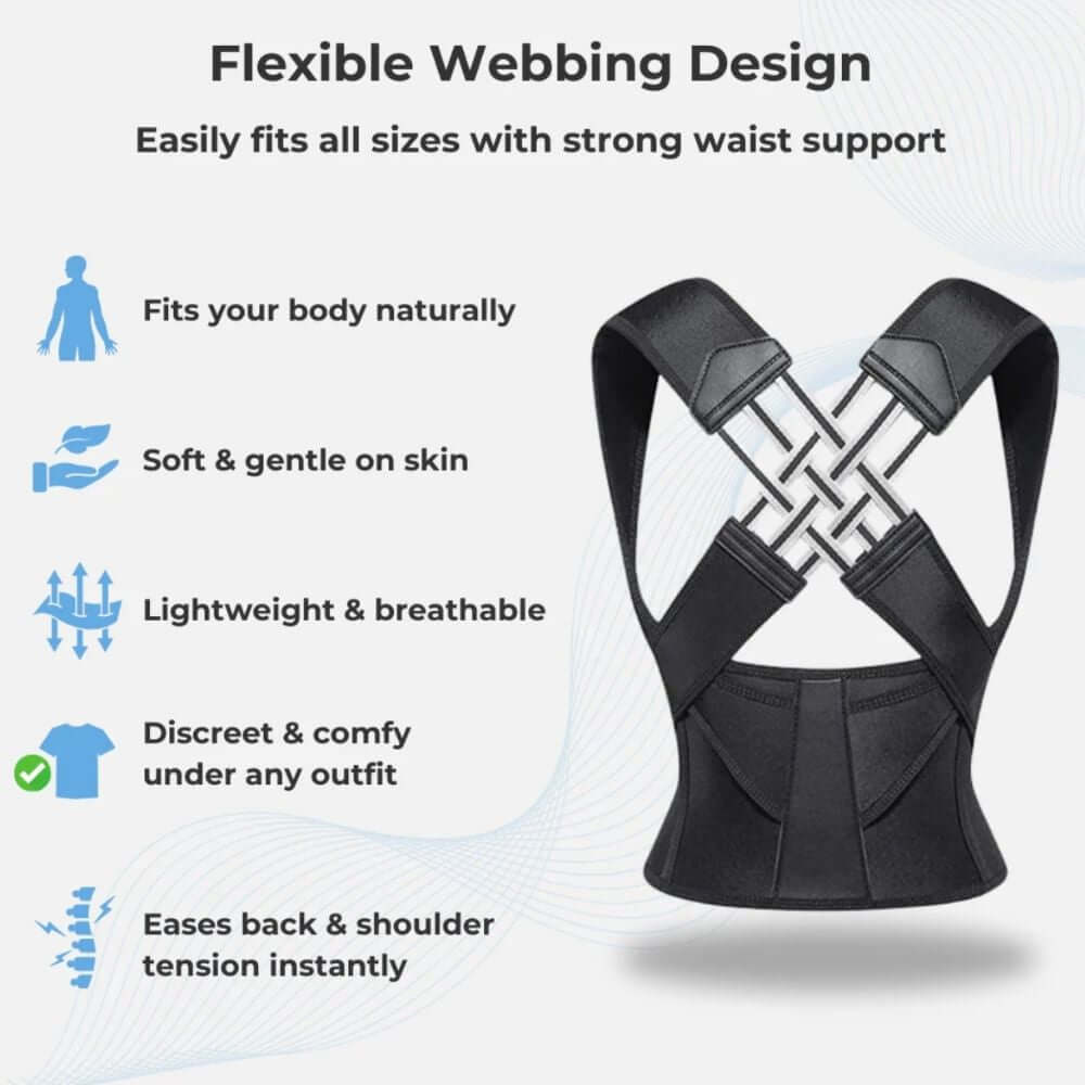 Adjustable back brace with flexible webbing design for strong waist support and posture alignment