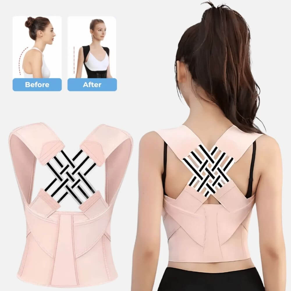 Before and after posture correction using a pink adjustable back support brace for women