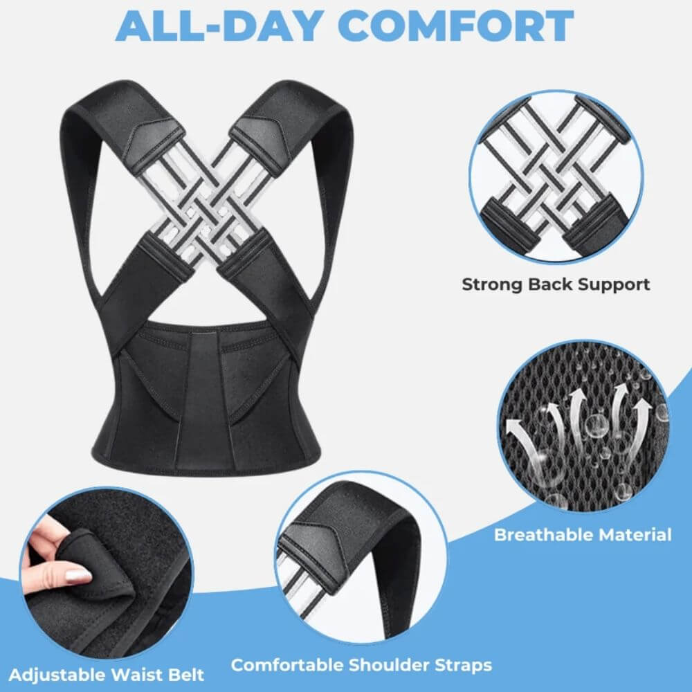 All-day comfort back brace featuring breathable material, strong back support, and adjustable waist belt
