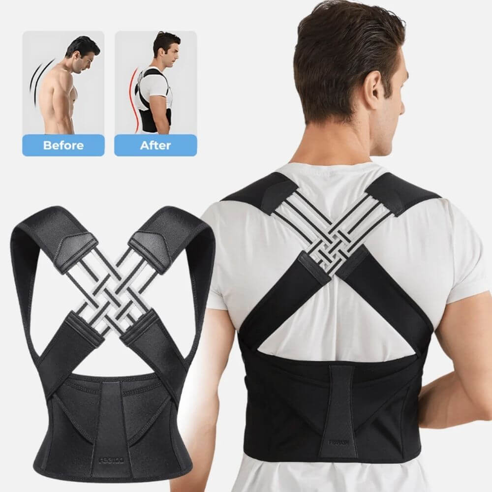 Men’s adjustable back brace with before and after results showing posture improvement
